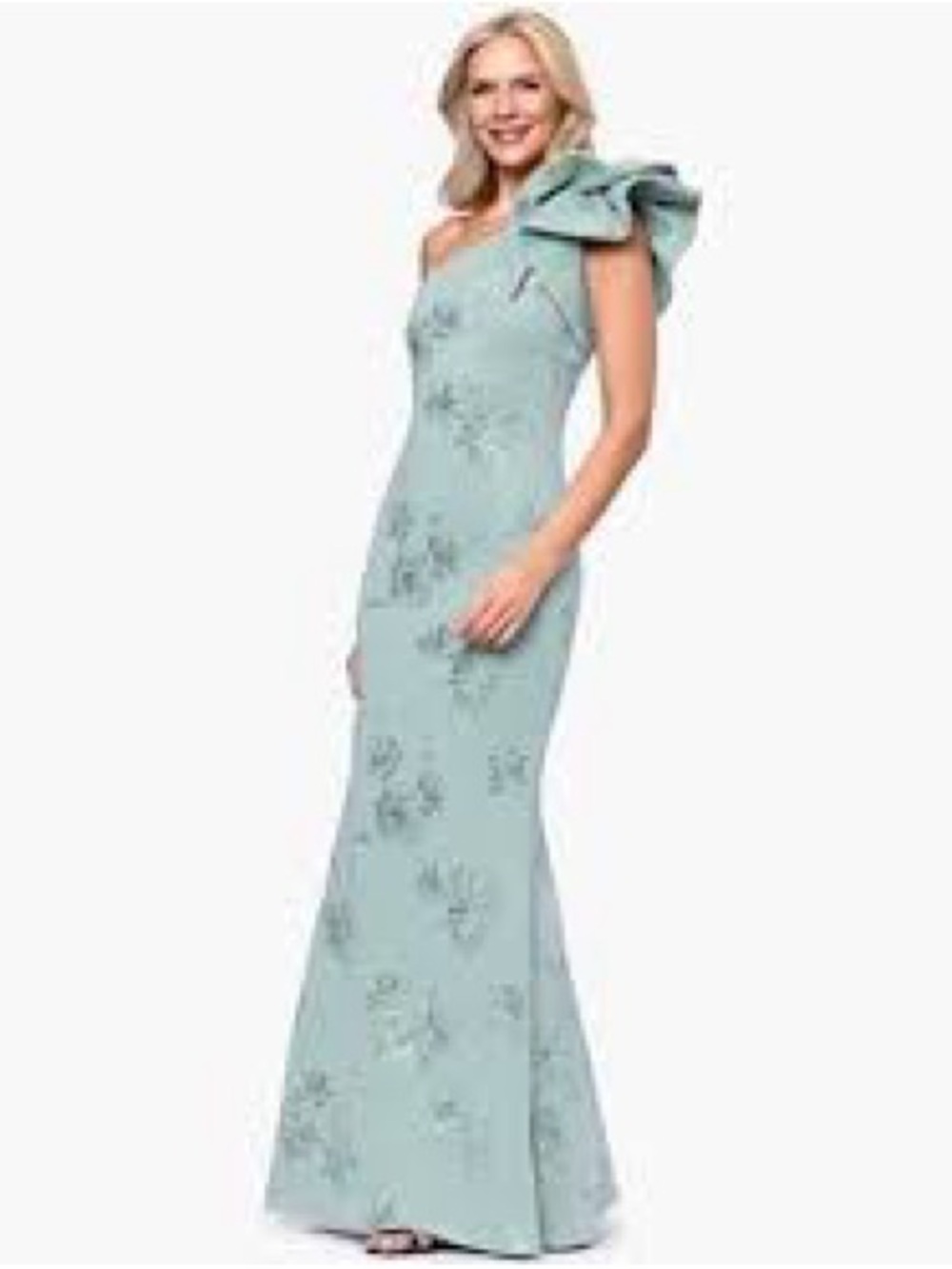 Betsy & Adam One-Shoulder Sage Green Floral Embellished Gown